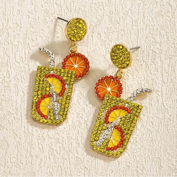 Yellow Orange Citrus Cocktail Lemonade Drink Earrings Summer Colourful Sparkly - Picture 2 of 3